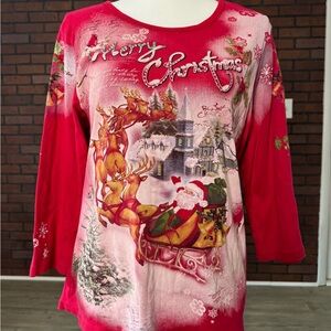 Studio‎ Gem Christmas Santa Reindeer Top Red XX-Large Made in USA 3/4 Sleeve